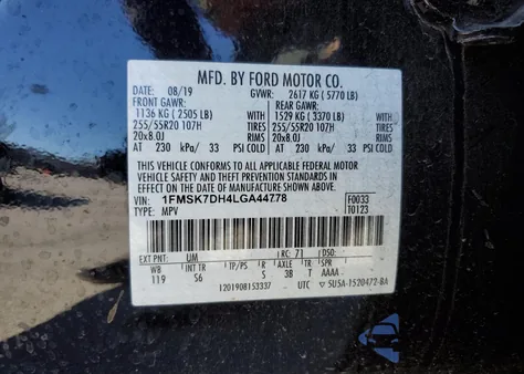 2020 Ford Explorer Xlt z USA, uszkodzony, nr VIN 1FMSK7DH4LGA44778